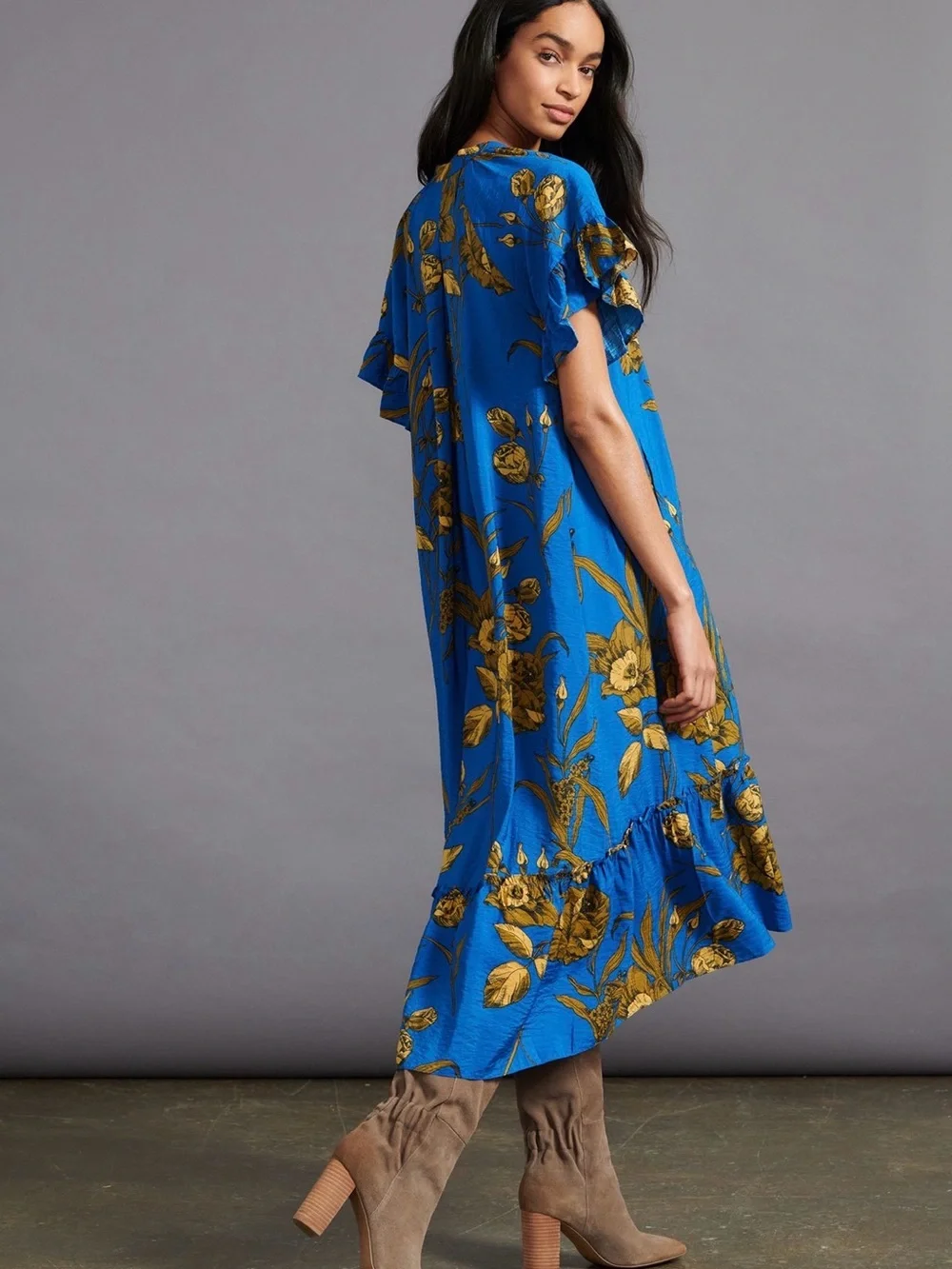 Anthropologie Blue Floral High-Low Midi Dress with Gold Print